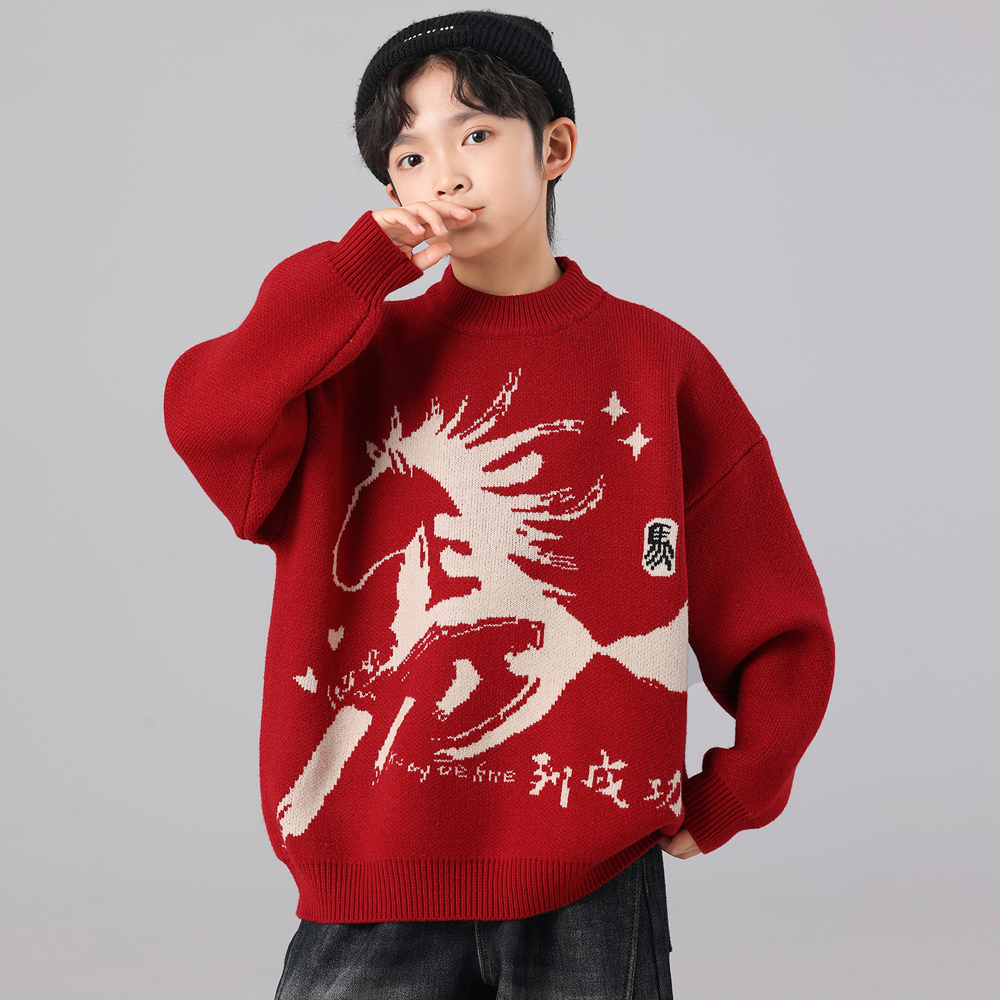 儿童装男童本命年红色毛衣秋冬款6-12岁中大童男孩冬季加厚针织衫