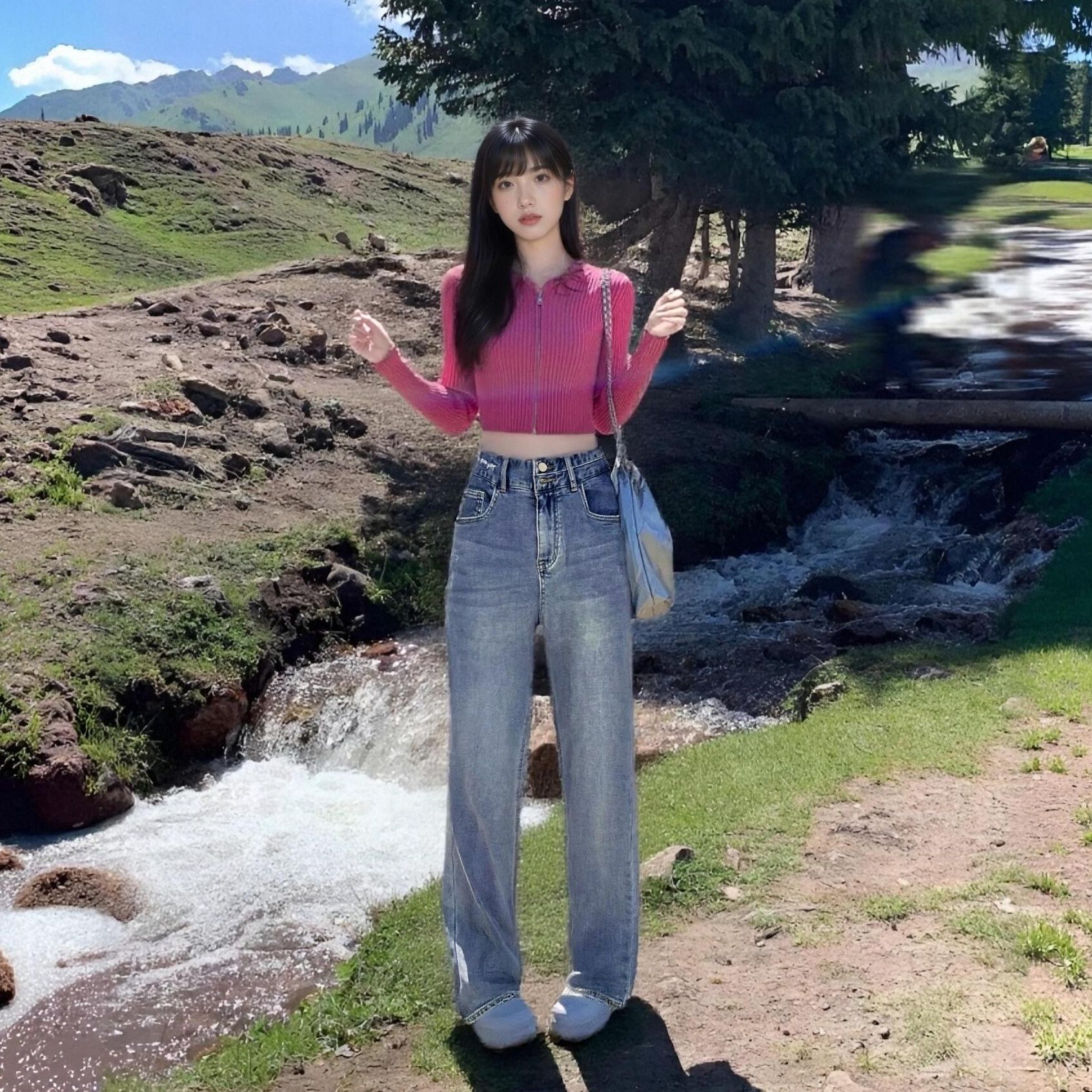 唐狮慵懒风阔腿裤男友风长裤女牛仔裤高腰常规冬季126422083503