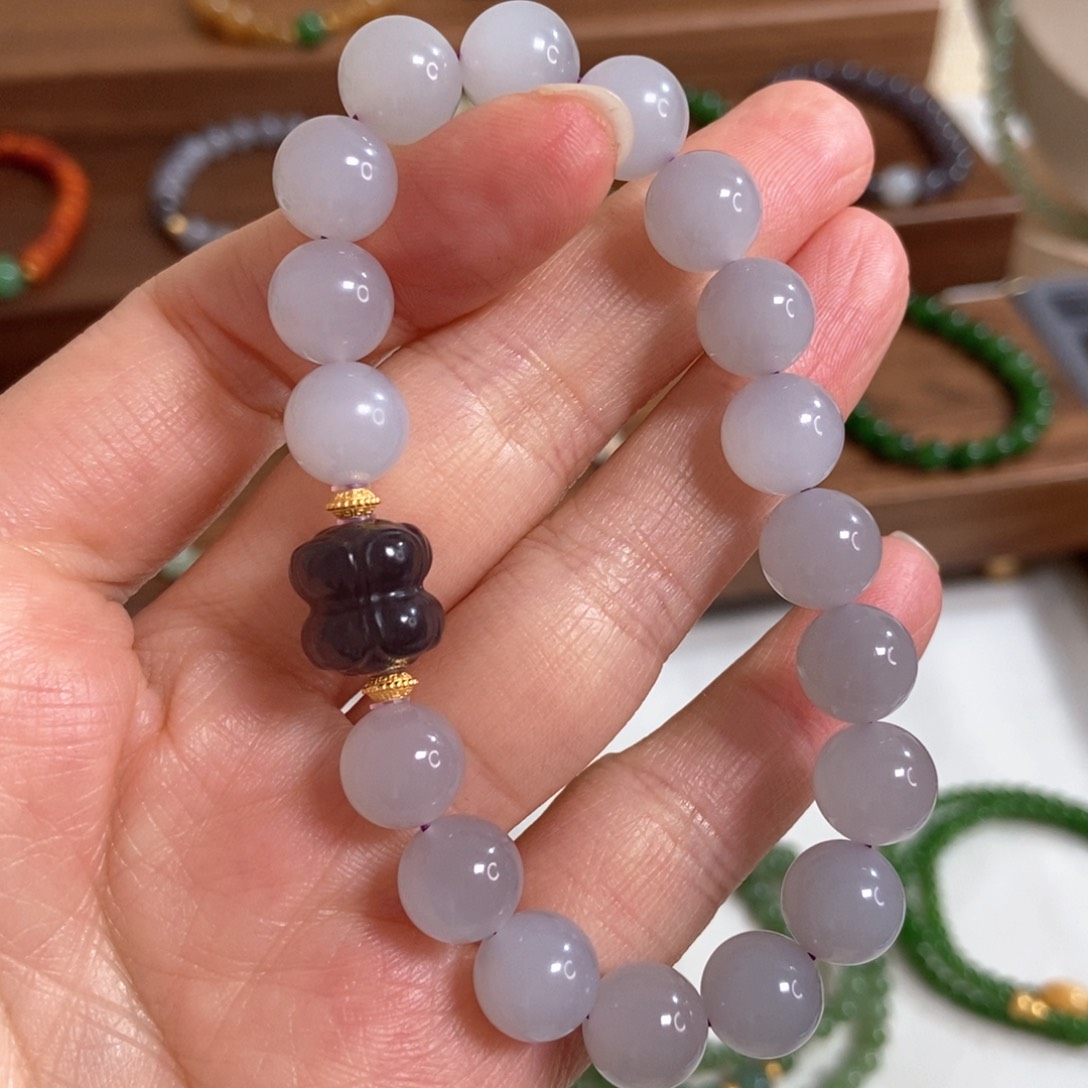 和田玉手链银S925镶嵌10mm冰烟紫