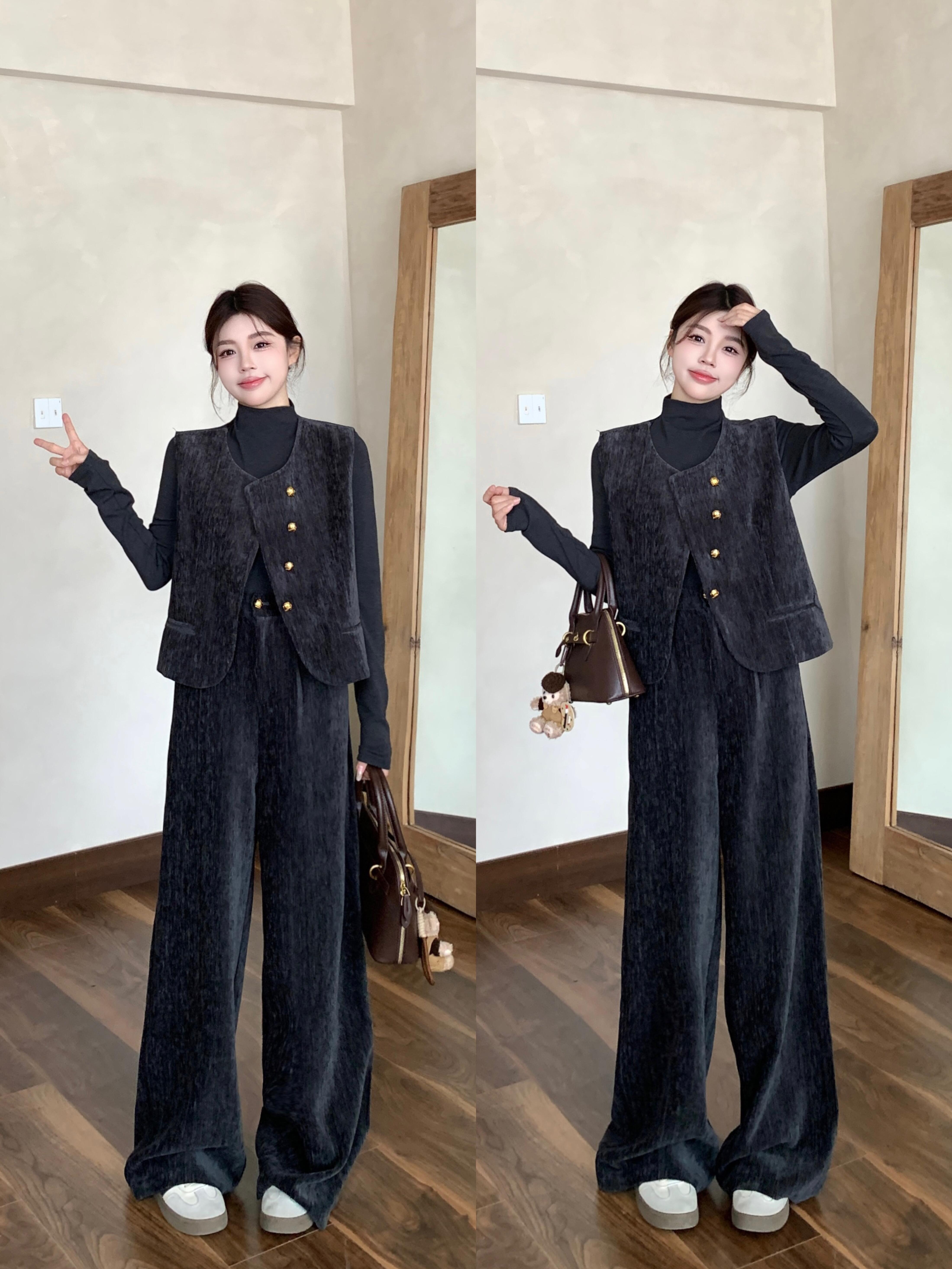 大码时尚减龄休闲套装女秋季高领长袖打底衫胖MM马甲阔腿裤三件套