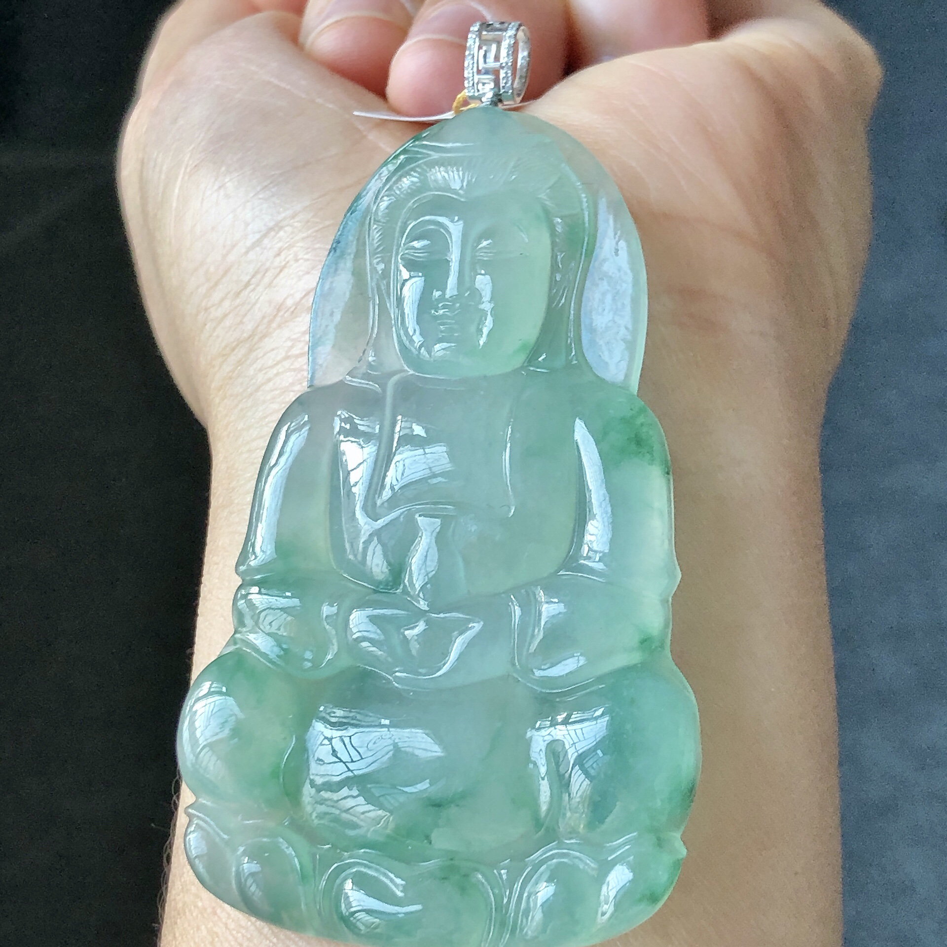 缅甸天然A货翡翠18k金镶嵌老坑冰种飘花正装观音吊坠