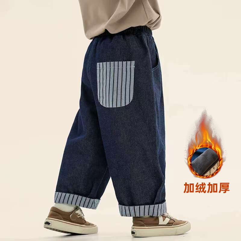 2025冬季加绒洋气男童牛仔裤儿童韩版拼接休闲裤翻边裤子宽松直筒