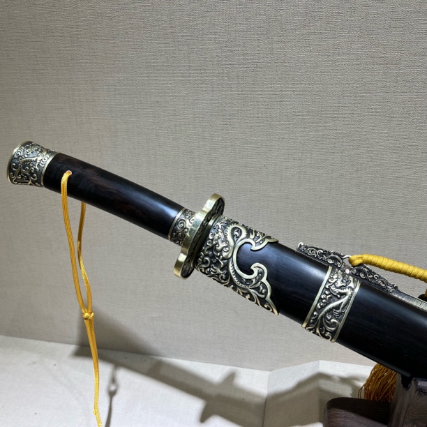 龙影刀剑-腾龙清刀 花纹钢 黑檀木 黄铜装 未开刃