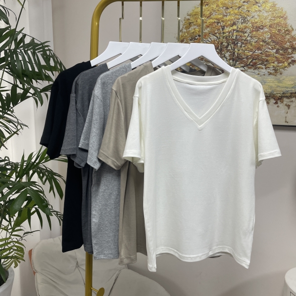 T恤纯色V领短袖半袖灰色黑色t恤时尚修身洋气针织