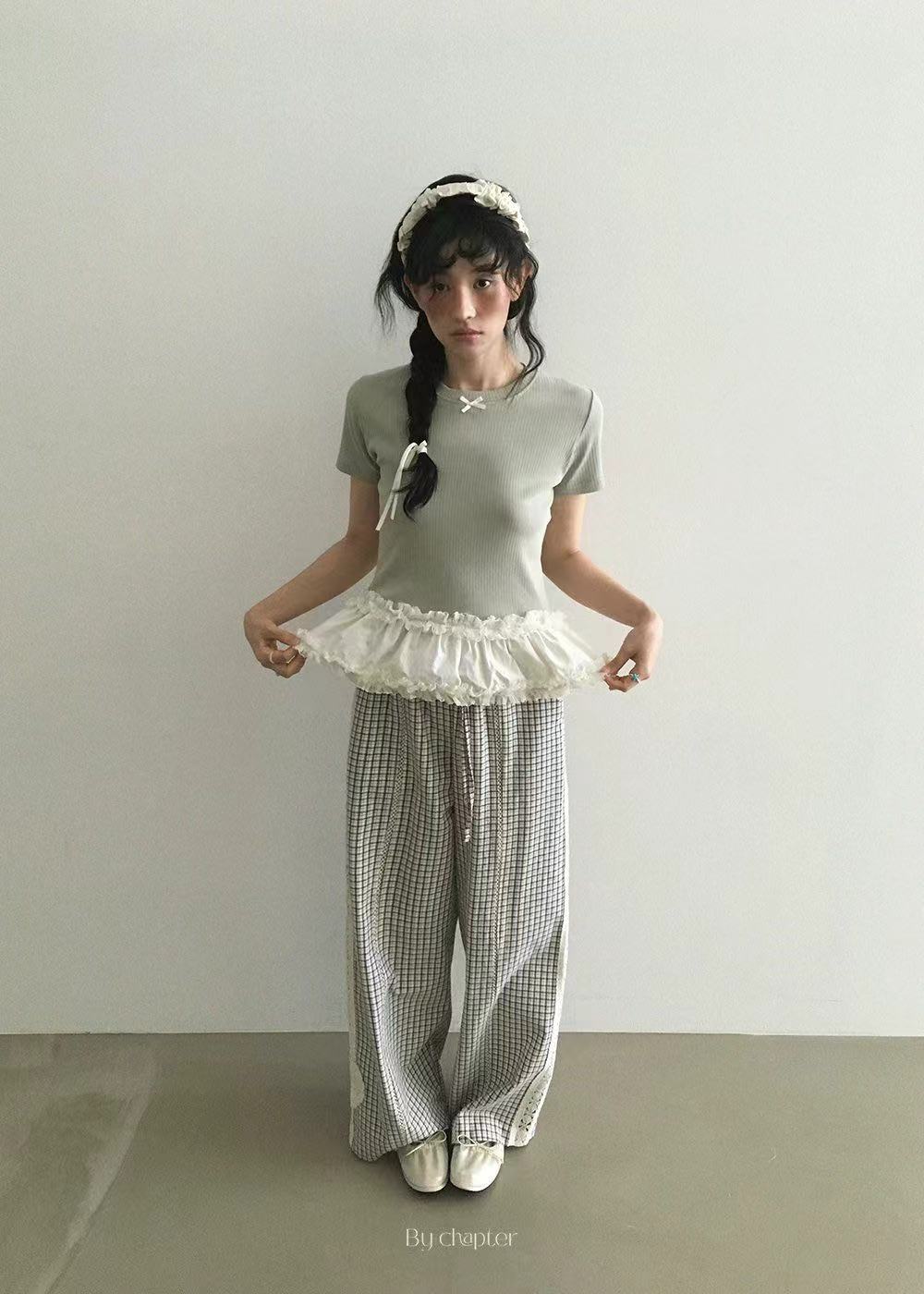 【NO退NO换】韩国东大门2025夏款领口蝴蝶结带下摆裙摆短袖