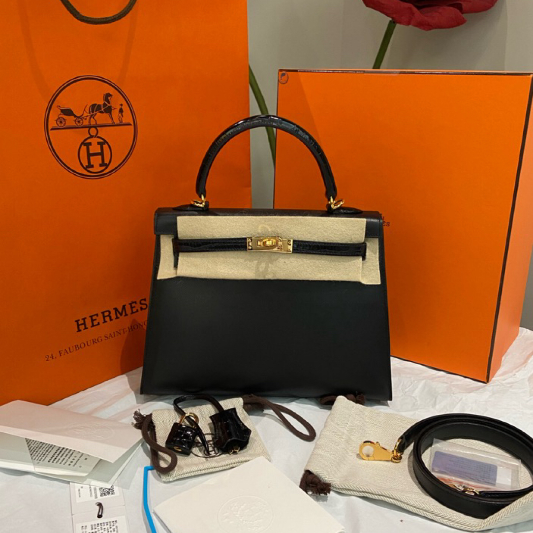 99新 Hermes/爱马仕 Kelly25拼鳄鱼手柄 e皮黑金/W刻全套