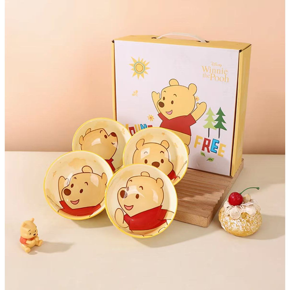 S云朵维尼熊4.5英寸竖纹高脚碗-4个礼盒装