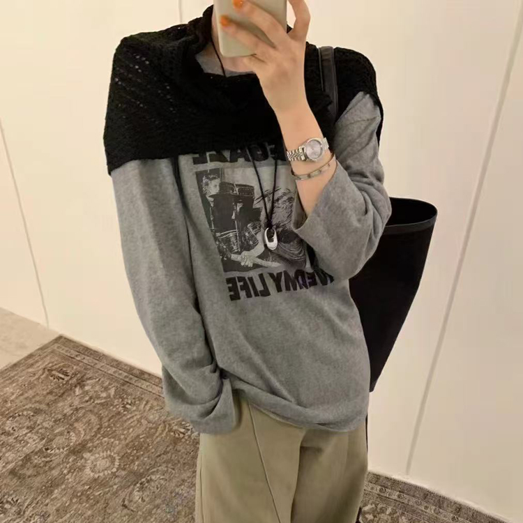 ID.sisters58736针织披肩T恤女2025秋冬磨毛宽松圆领长袖打底上衣