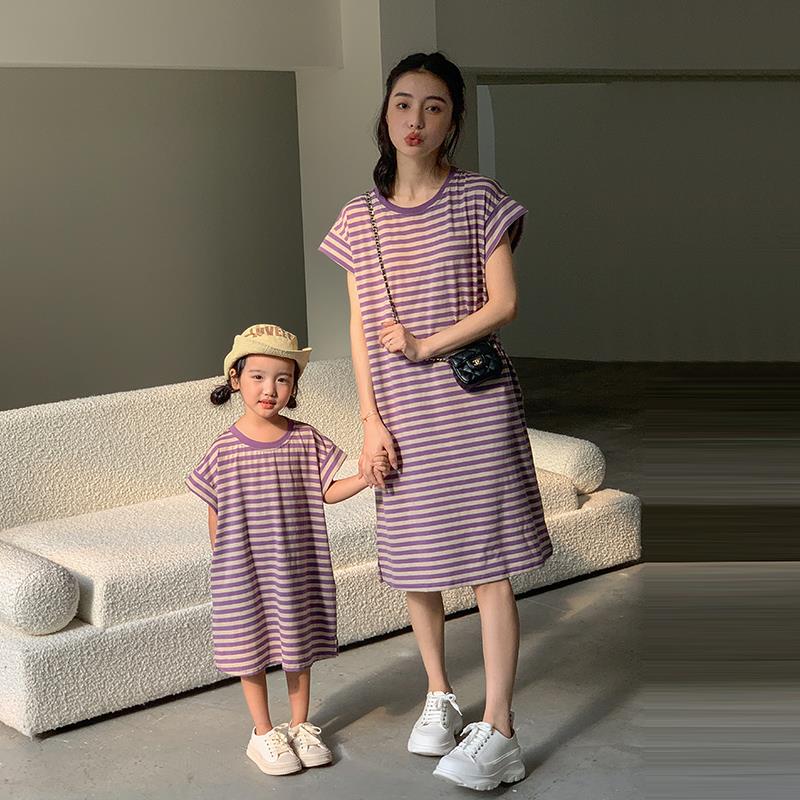 网红炸街夏款亲子装兄妹条纹短袖短裤套装韩版洋气宽松母女连衣裙