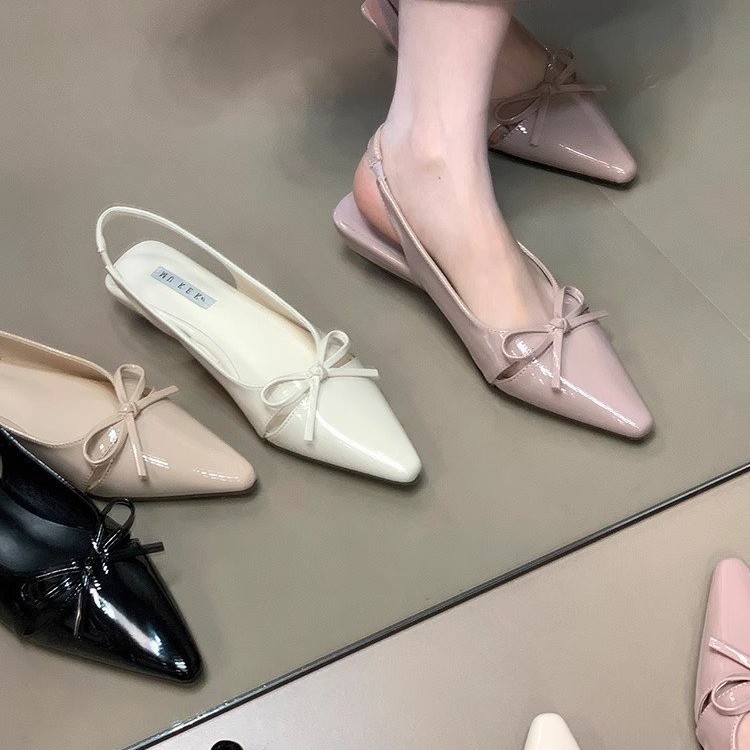 绝美法式尖头蝴蝶结包头凉鞋子2025新款小众百搭通勤约会粗跟女鞋