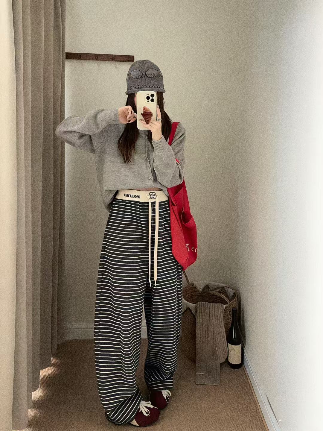 韩代撞色条纹 腰头拼接高腰设计感加绒弯刀裤显瘦百搭韩版休闲