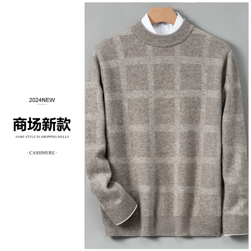 重磅加厚 商场新款纯羊毛衫半高领提花宽松大码针织毛衣男冬9796