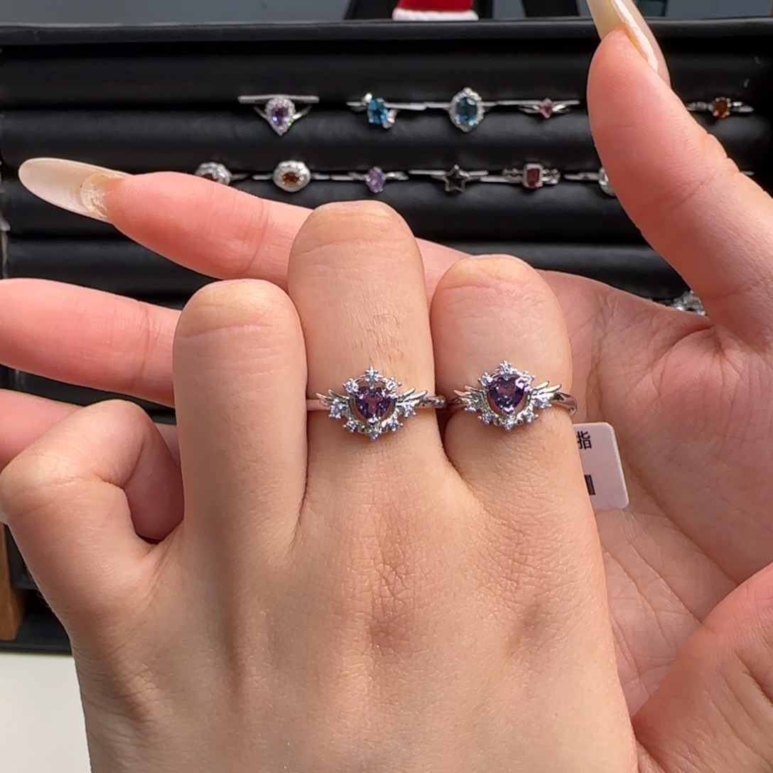 戒指银S925镶嵌紫晶小翅膀