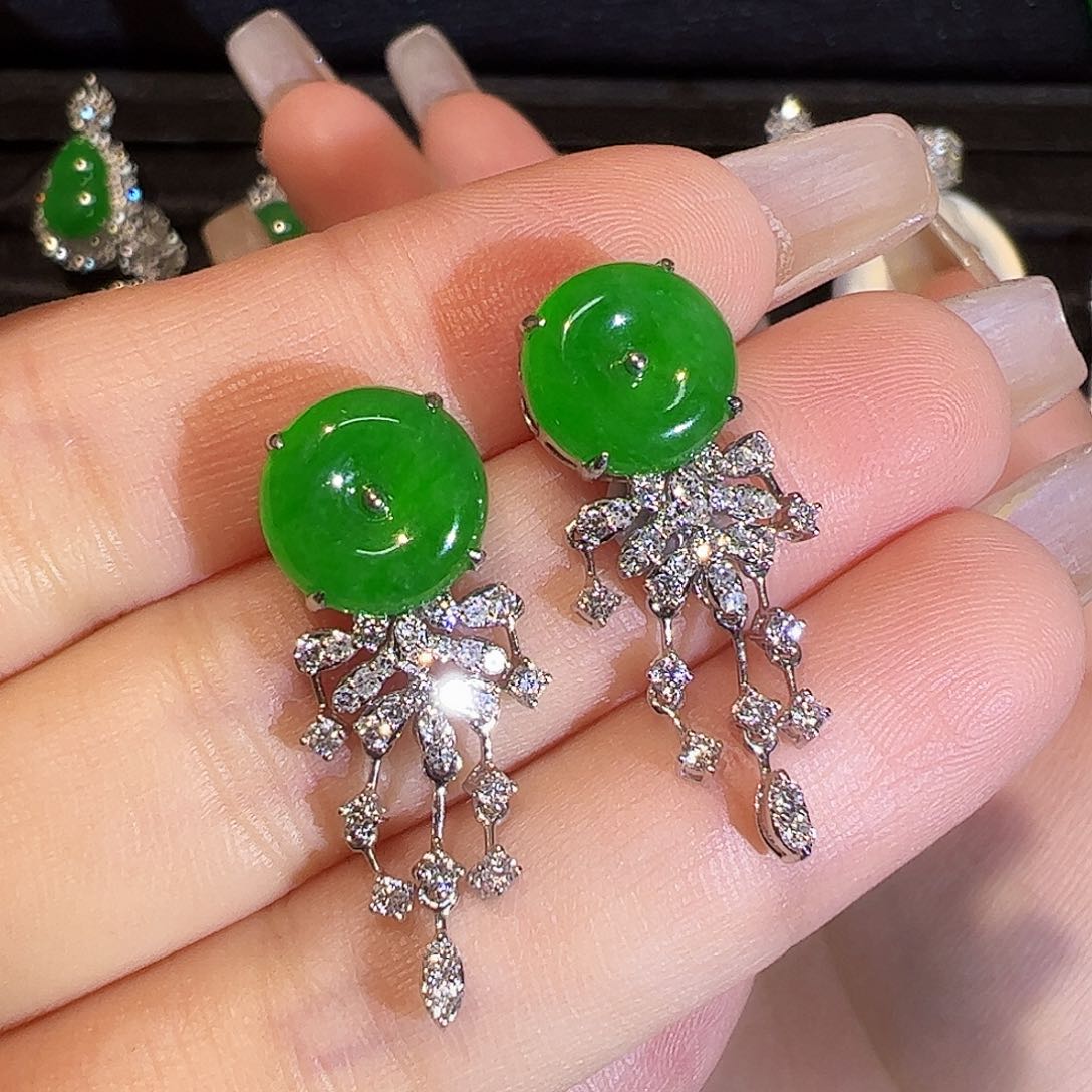 翡翠耳饰18K金镶嵌平安扣