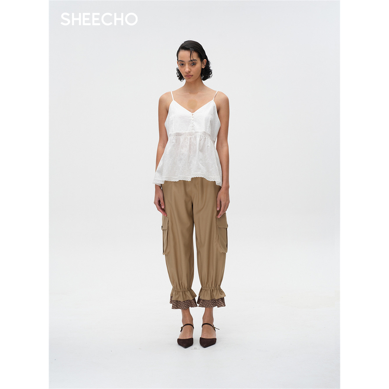 ASYUS设计师品牌25PF早秋纯白纽扣褶边吊带背心女上衣SHEECHO