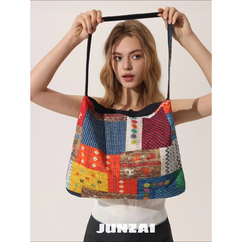 JUNZAI中古风双面牛仔单肩包拼色民族风大容量托特包