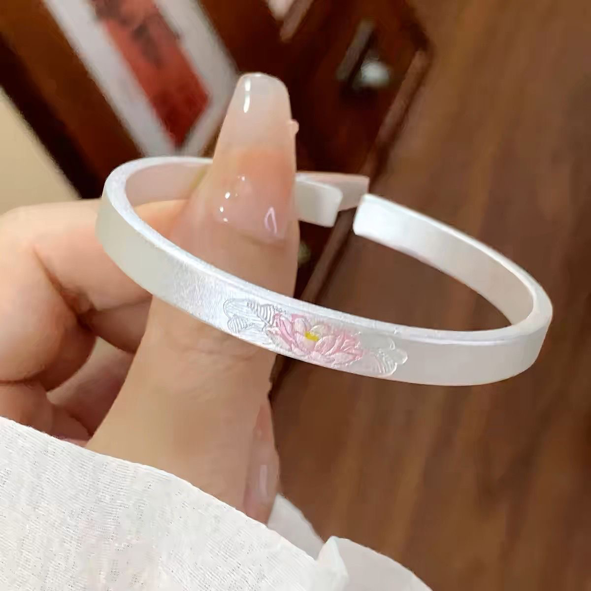 足银珐琅手镯 8号链接古法珐琅彩荷花镯
