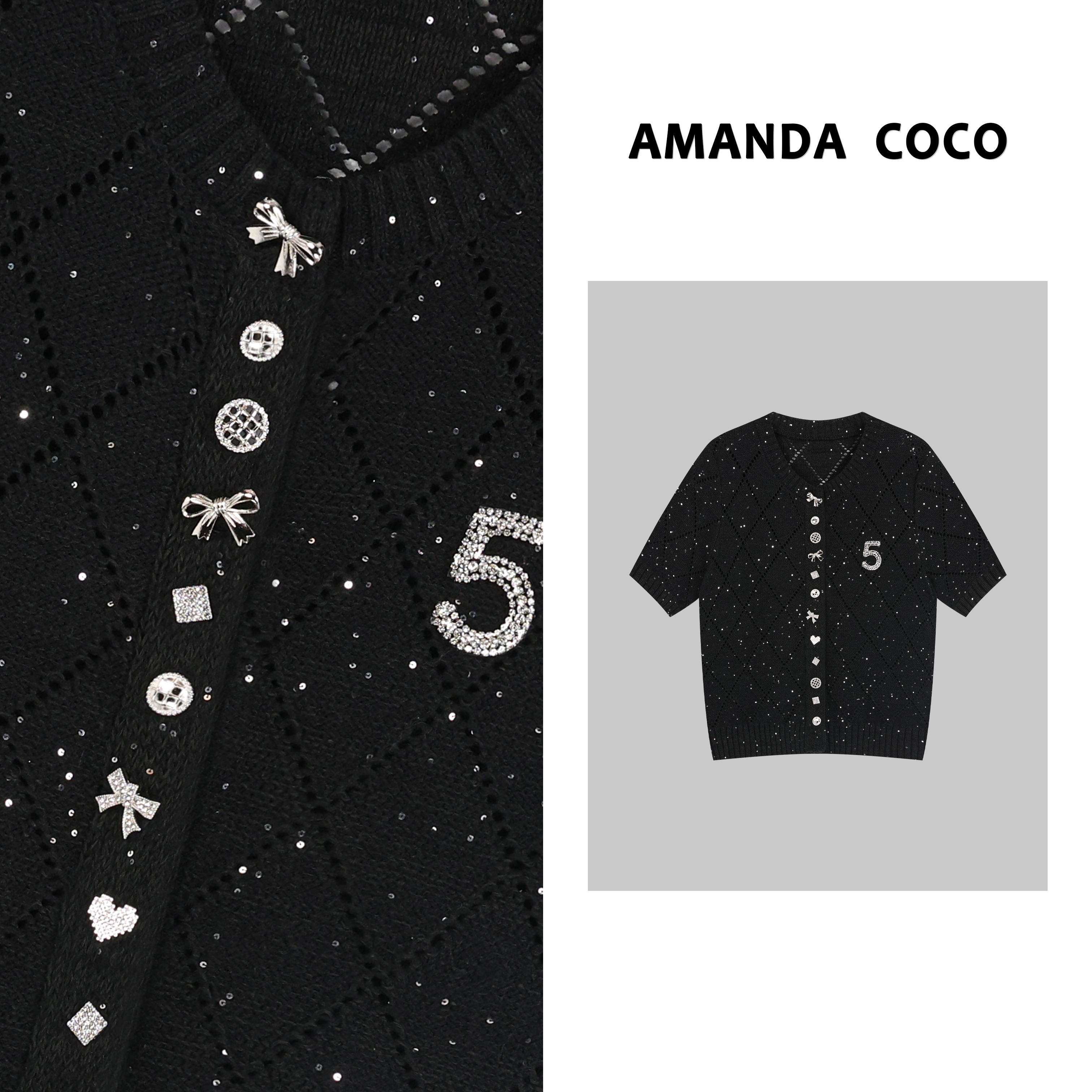 彩彩# 法式浪漫~高定亮片混纺菱格显瘦针织毛衣