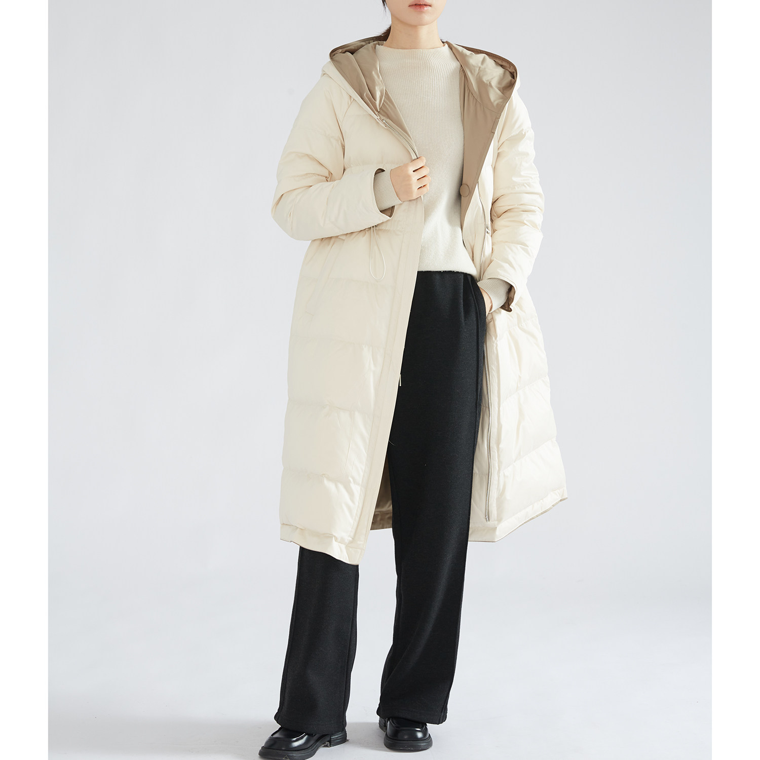 SILVIYE双面实穿90白鹅绒服风衣外套 桑蚕丝连帽羽绒服冬YRD023