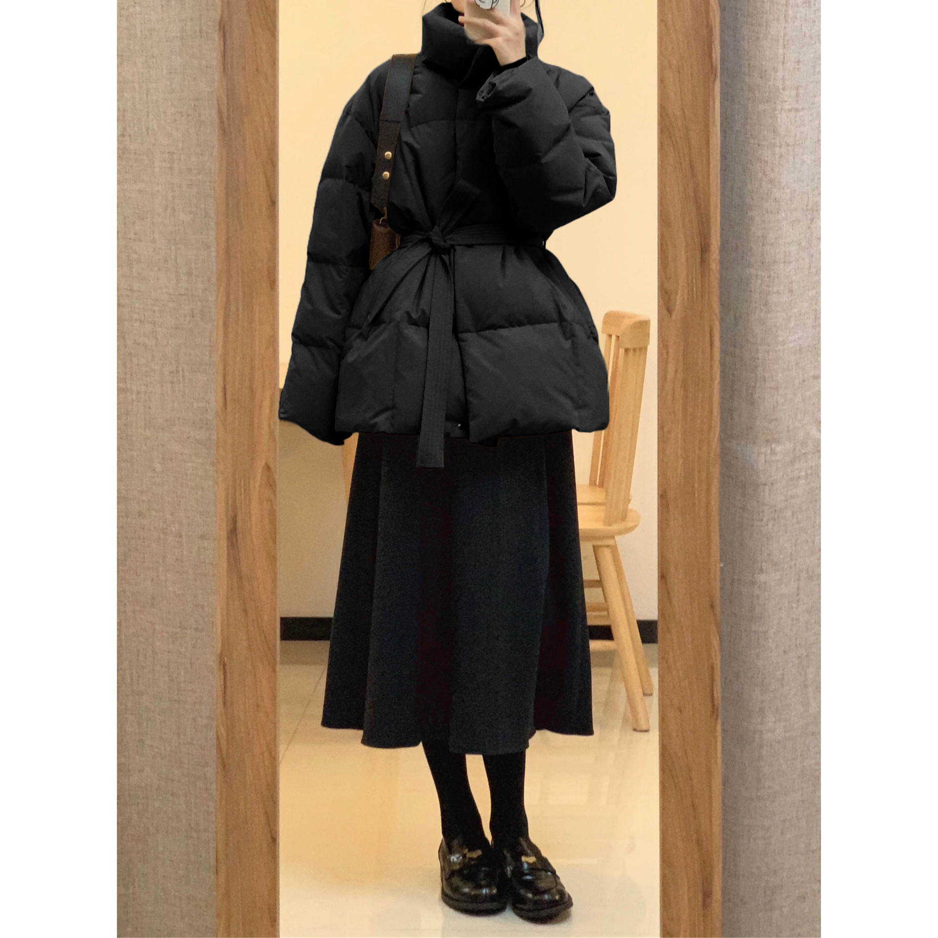 黑色立领收腰中长款在逃公主棉服女2025年冬季新款小个子棉衣外套