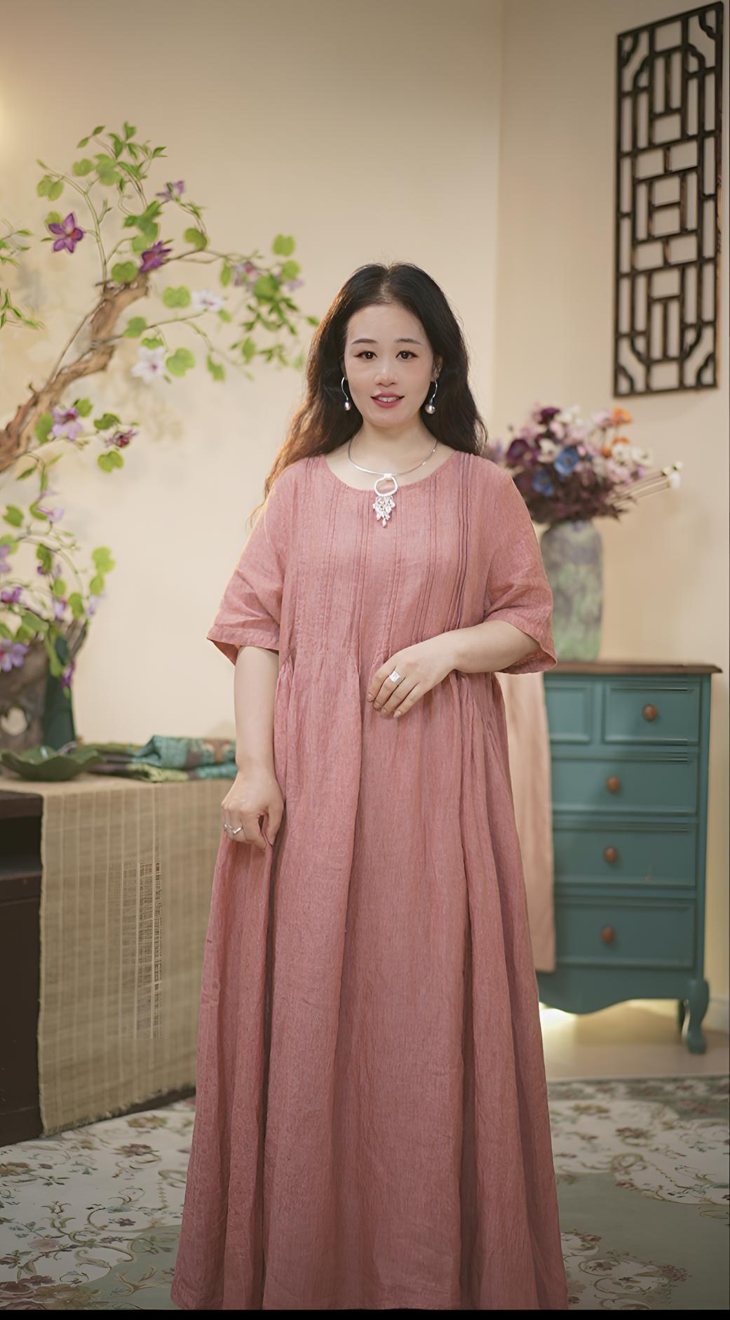 李李子/【汐禾】夏季100汉麻宽松气质长款文艺连衣裙（22617）