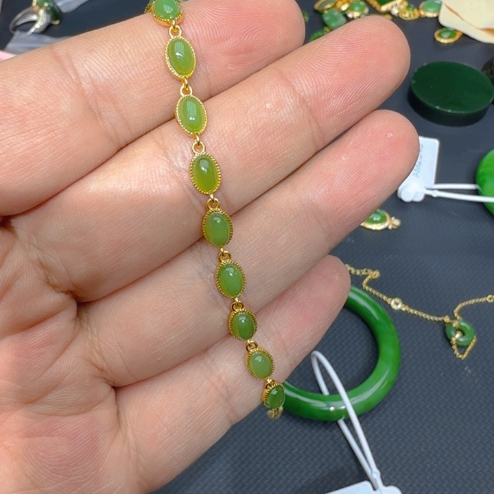 和田玉（碧玉）手链银S925镀金镶嵌