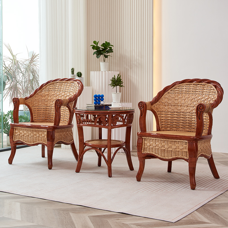 藤椅三件套  室内阳台茶几桌椅组合 带扶手靠背椅 藤木休闲椅