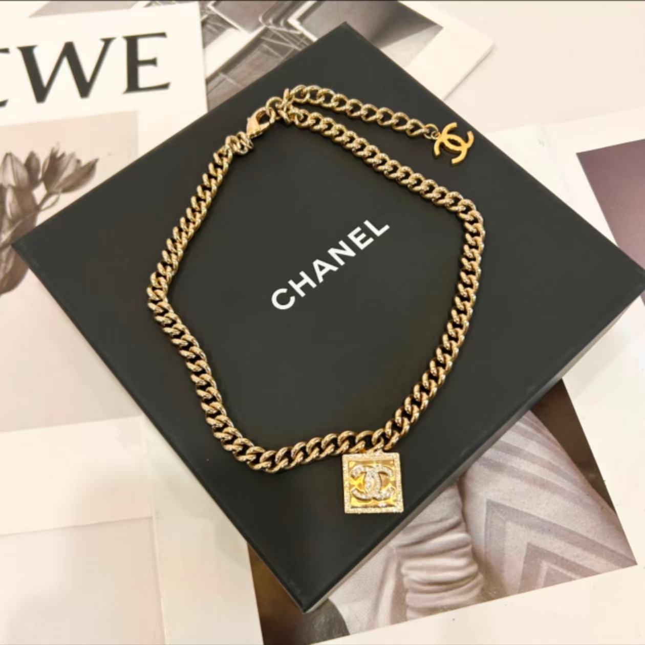 99新 Chanel/香奈儿 淡金色鎏金方块Choker项链23p 