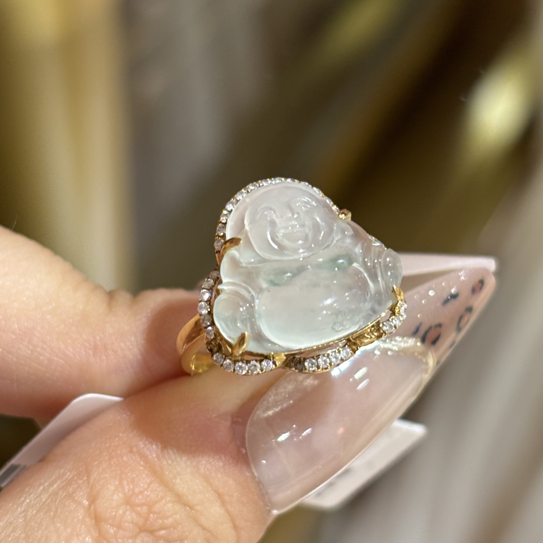 木纳雪花棉缅甸翡翠戒指佛公冰透飘花饱满细腻清透