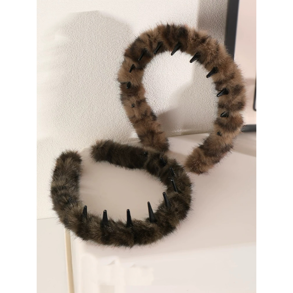 秋冬气质豹纹毛绒发箍女带齿洗脸压发头箍高颅顶防滑碎发整理发卡