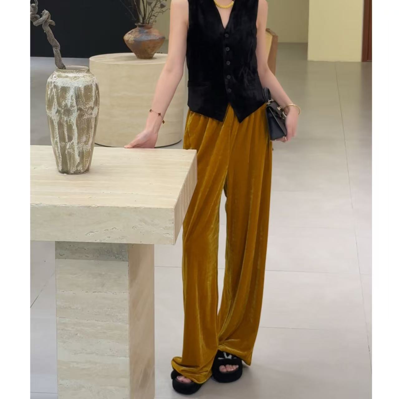 【暖秋】新款休闲百搭显瘦高克重丝绒宽松直筒裤