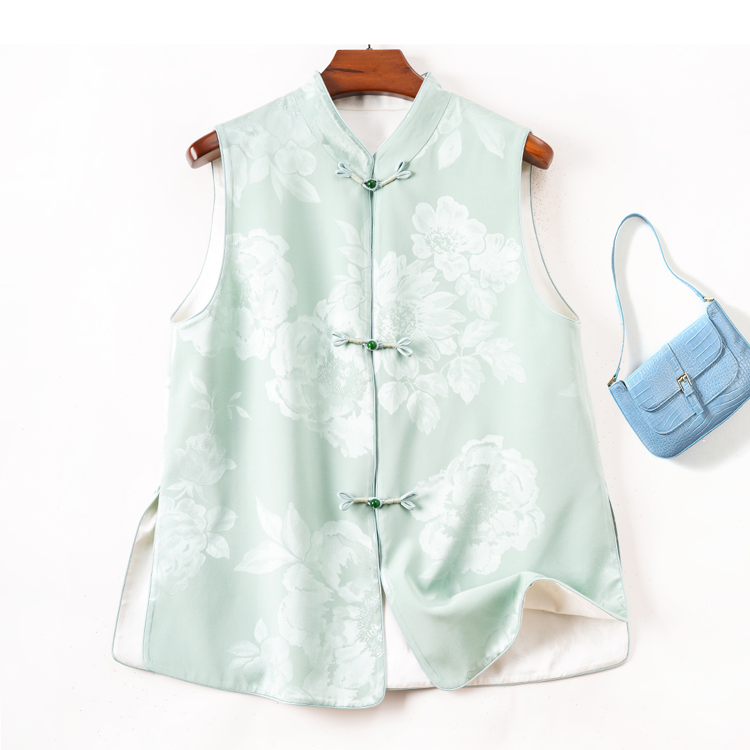 92%桑蚕丝真丝提花桑波缎百搭马甲双面双穿重磅新中式马夹   