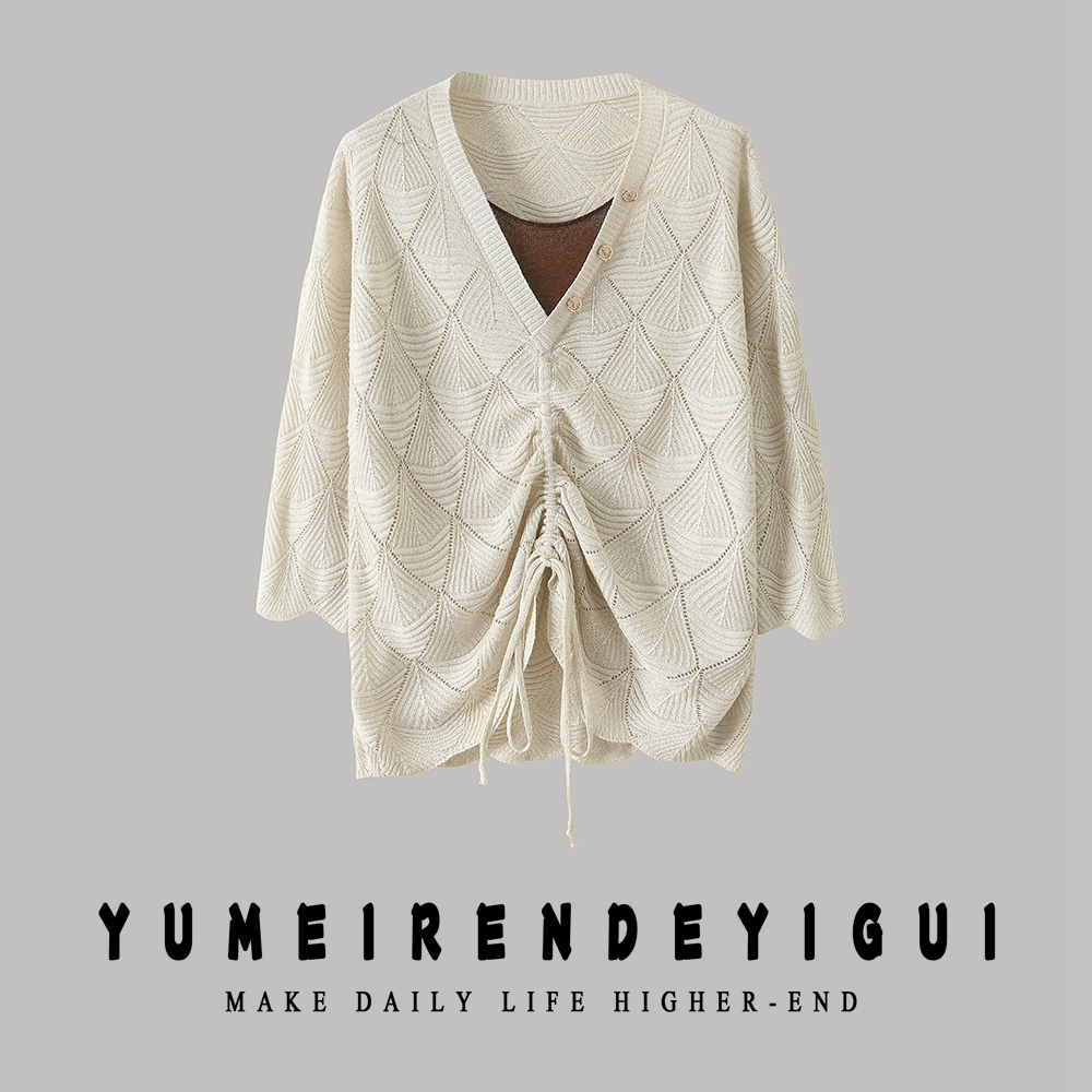 2025新款设计感百搭抽绳七分袖上衣V领假两件宽松女款 M46 J02738