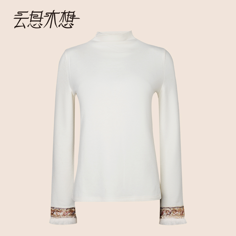 Ysimo-X云思木想 雪绒金珠 套头长袖半高领毛绒袖口珠绣T恤14209