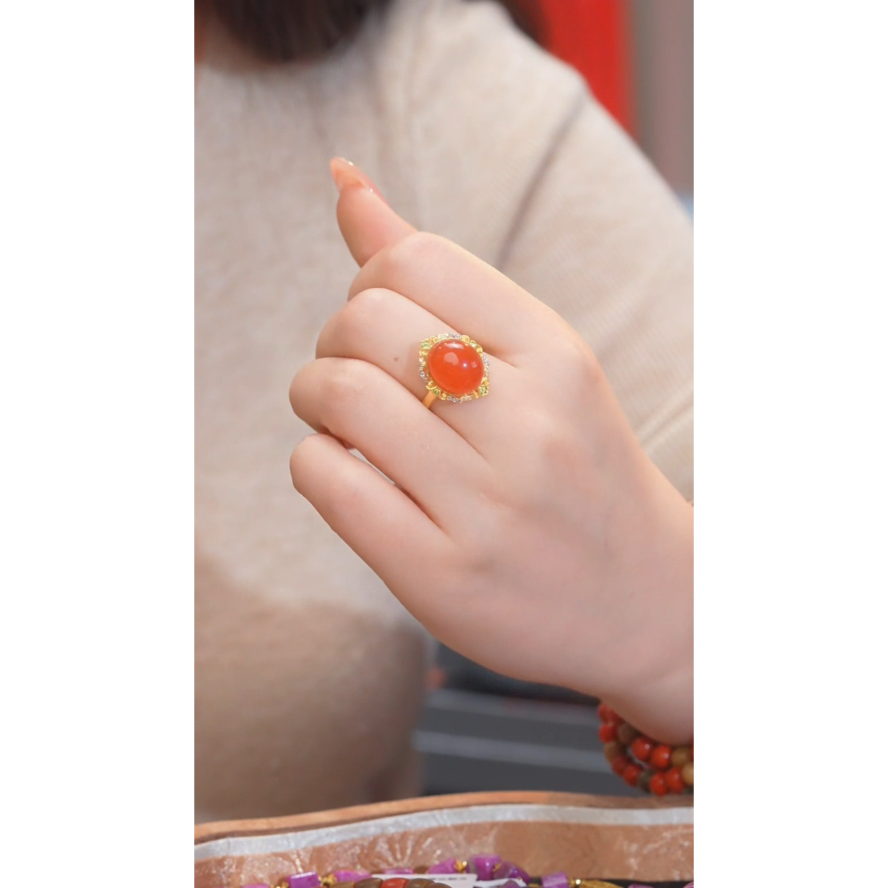 南红玛瑙戒指18K金镶嵌多样性发@@W6519