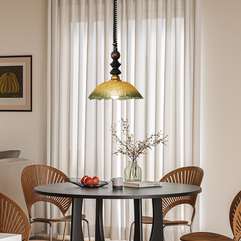 美式复古餐厅吊灯实木玻璃可升降高级感法式中古风床头吧台书房灯