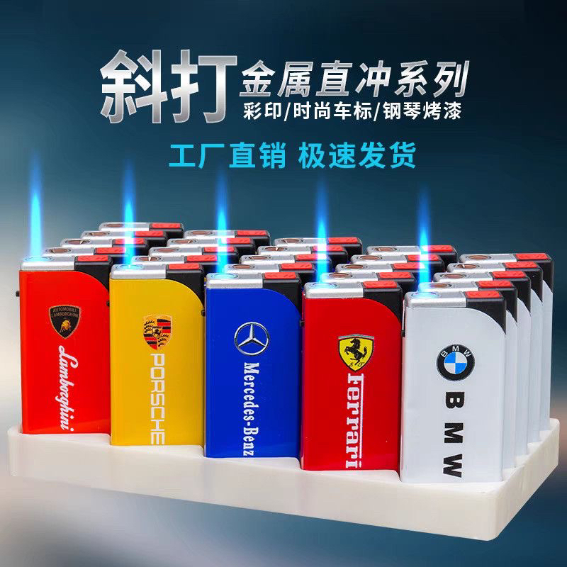 经典车标金属防风打火机方块机蓝焰直冲可充气商超批发高原爆款