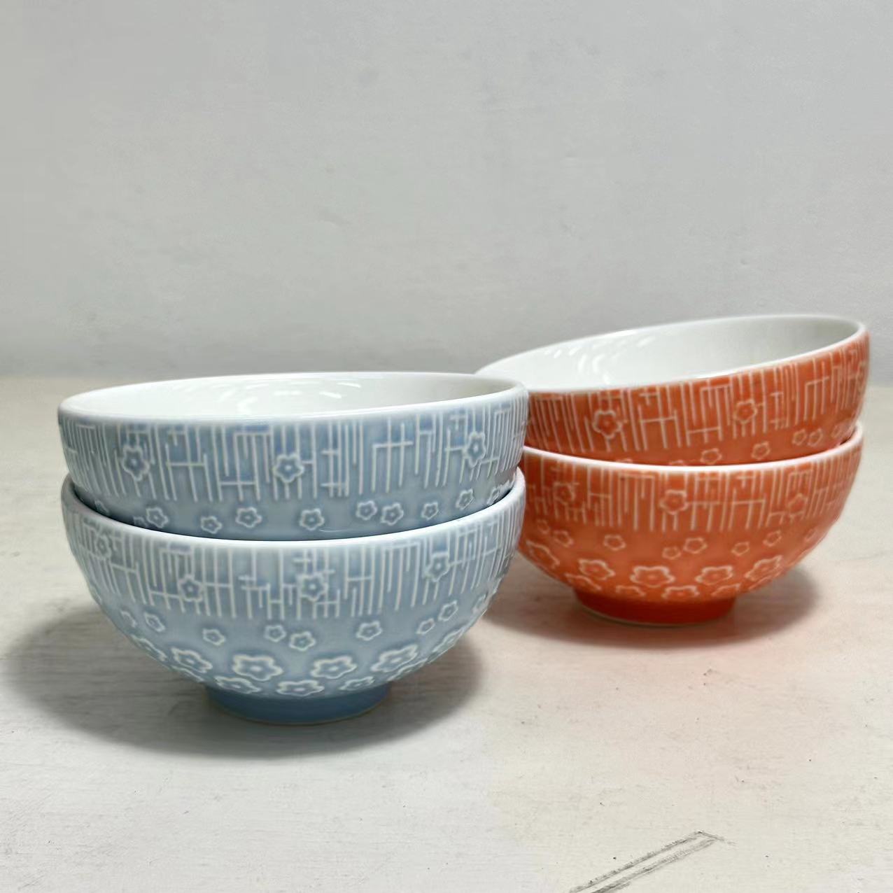 浮雕橙蓝小花米饭碗高温强化瓷