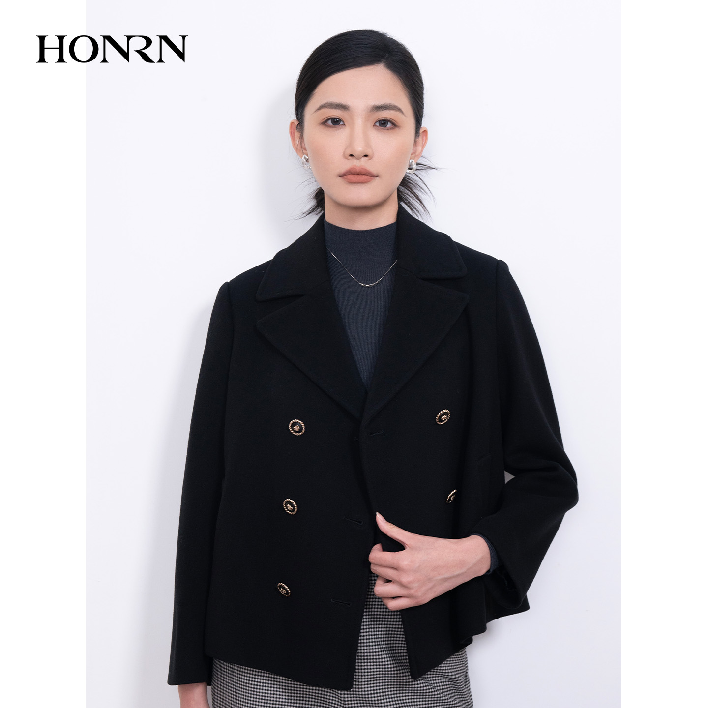 HONRN/红人短款双排扣山羊绒羊毛呢子大衣外套女秋冬HI55OD084