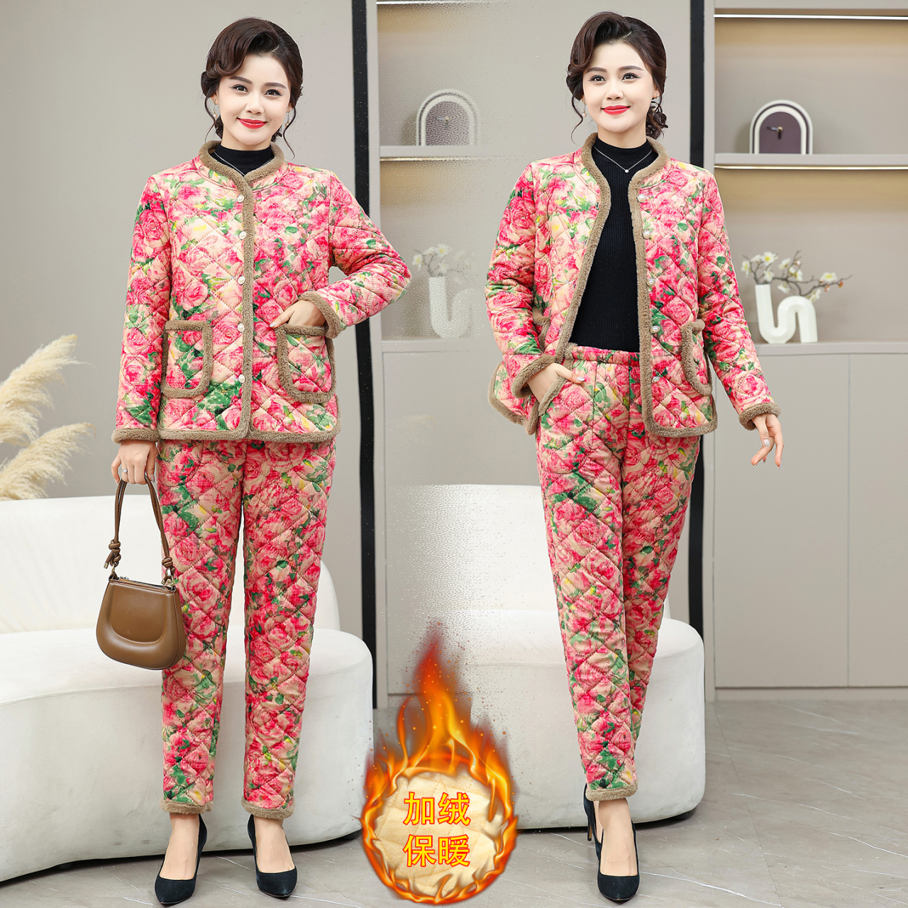 气质女士花色洋气棉衣加绒保暖棉裤冬季女士两件套装新款时尚套装