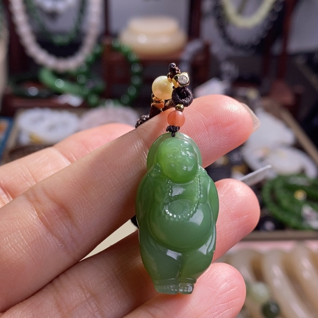 和田玉孤品福利老矿料碧玉绿猫眼佛公未镶嵌