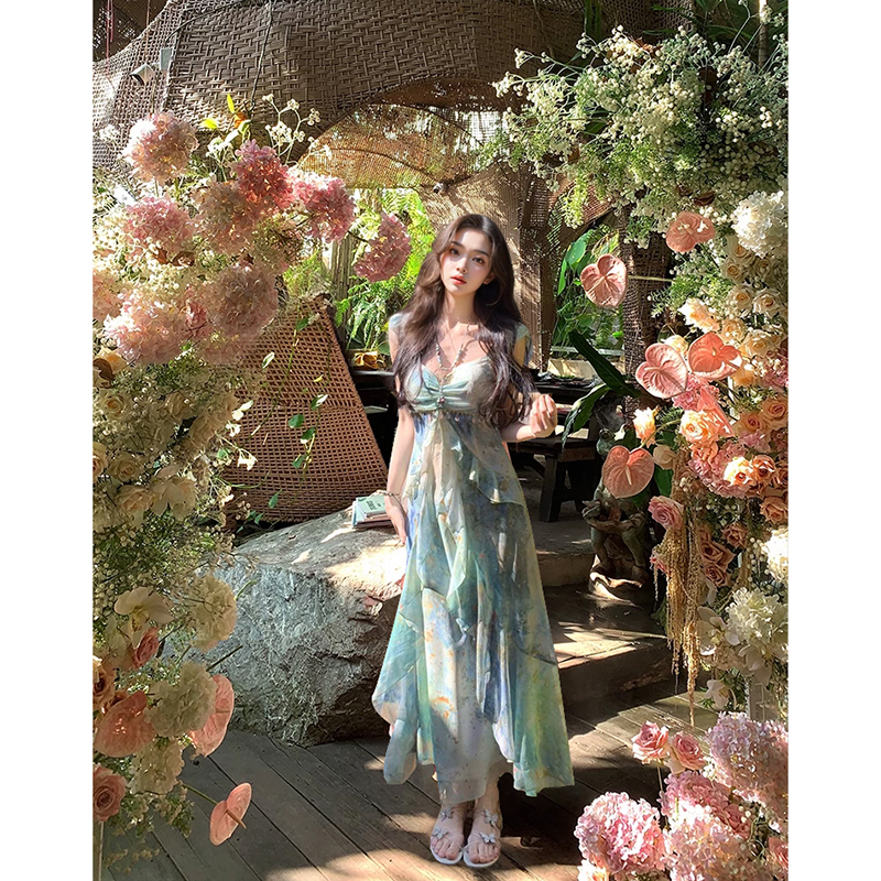 新款缎面扎染红色裙子后妈裙林间浮夏小仙女收腰连衣裙感A长裙