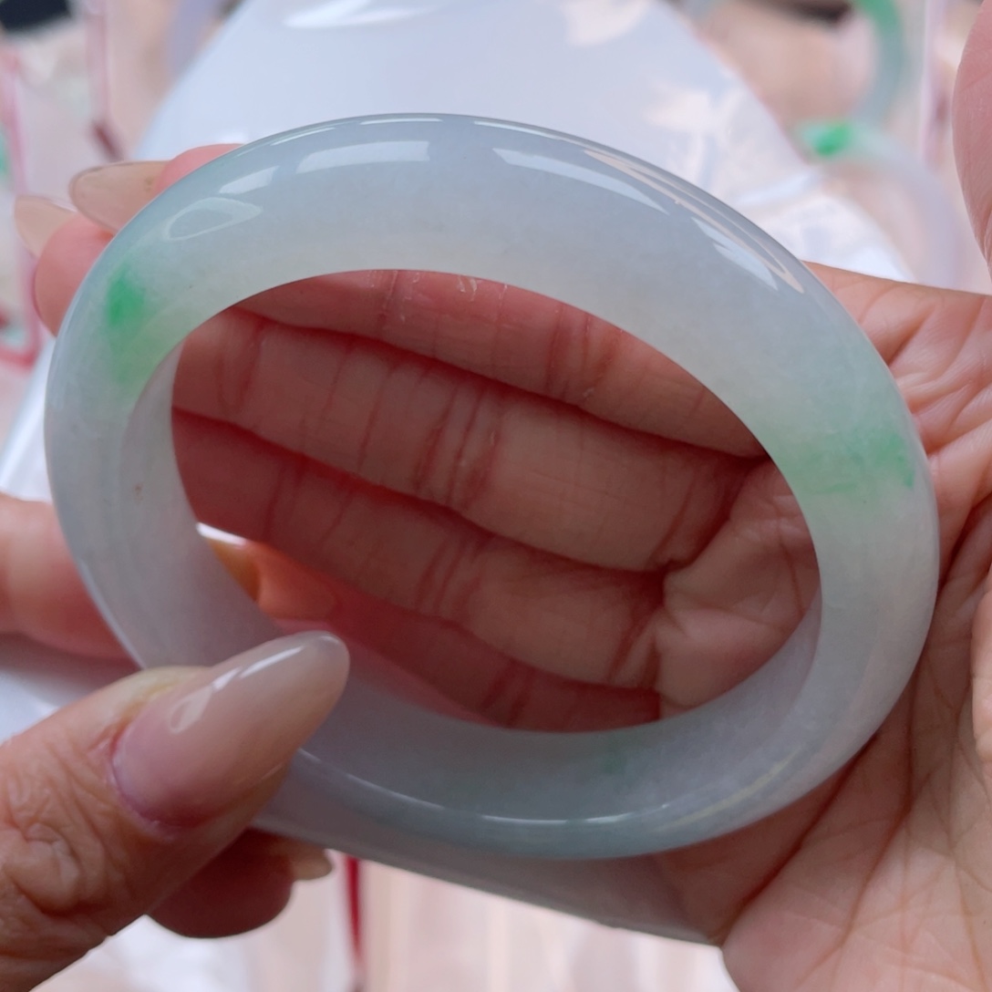 未镶嵌手镯翡翠60.2圈 白阳春雪 双耳挂翠一生富贵 26号