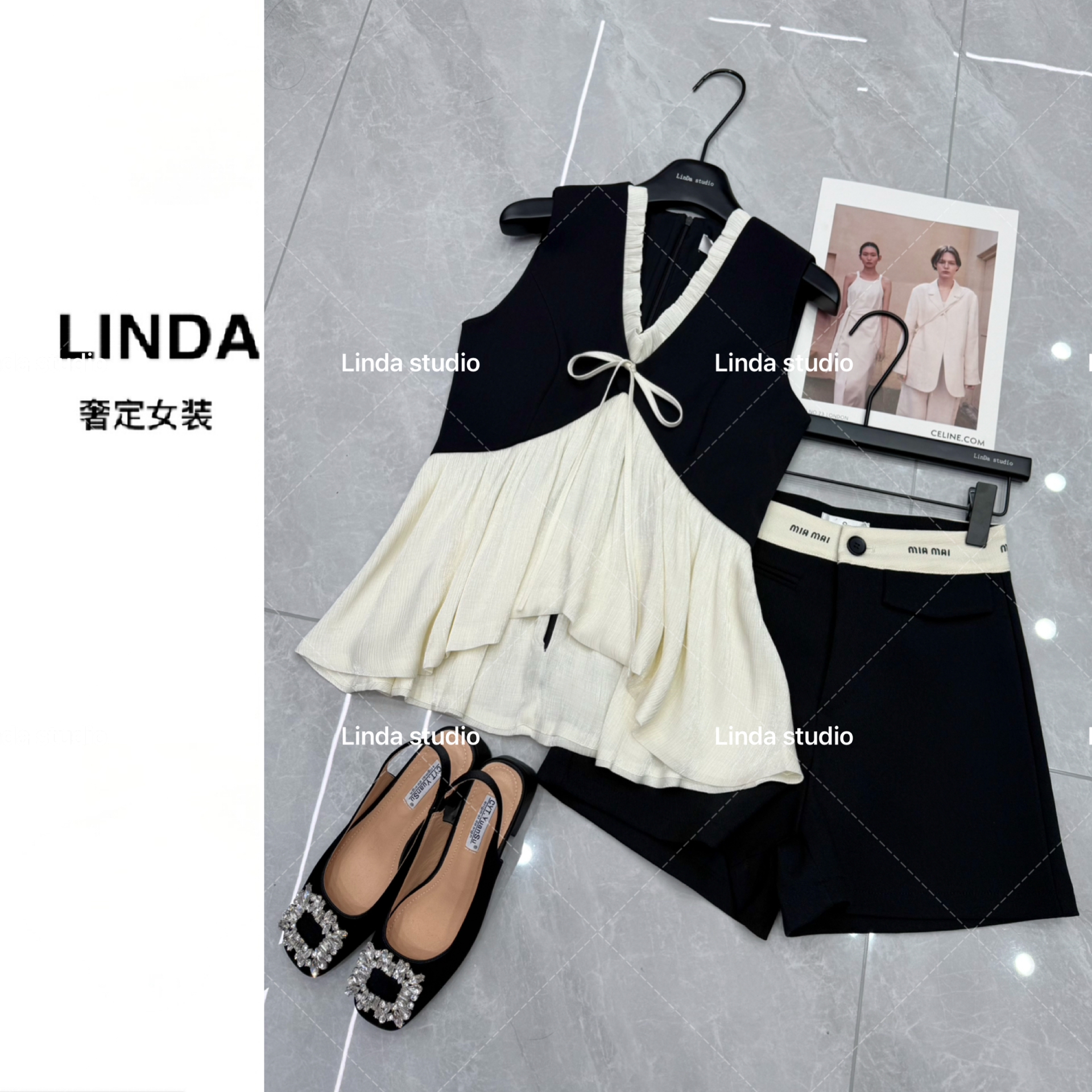 『可可少女』小众设计感黑白简约花边无袖V领上衣➕谬系显瘦短裤 