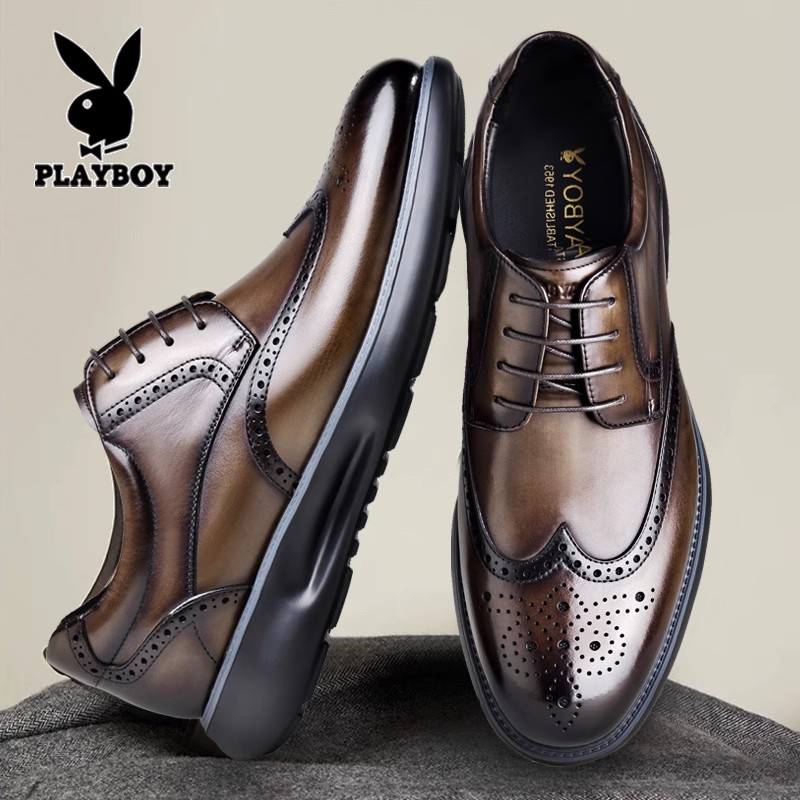花花公子男士皮鞋真皮商务正装棕色布洛克雕花结婚新郎鞋2025新款