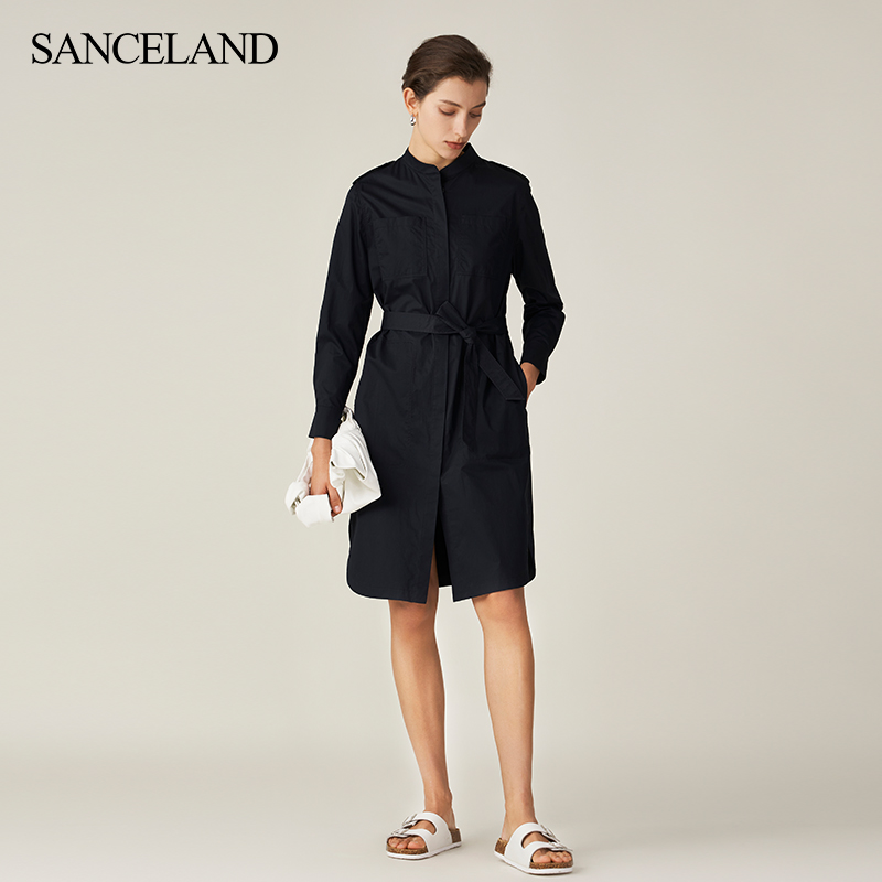 三石一澜春工装风气质纯棉立领收腰系带连衣裙中长款SH14102050