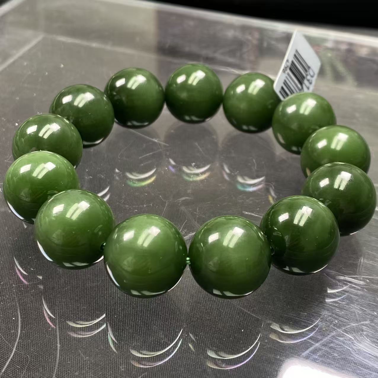 【迈越珠宝】天然和田玉碧玉七号矿老料18mm菠菜绿男士单圈肉底手串