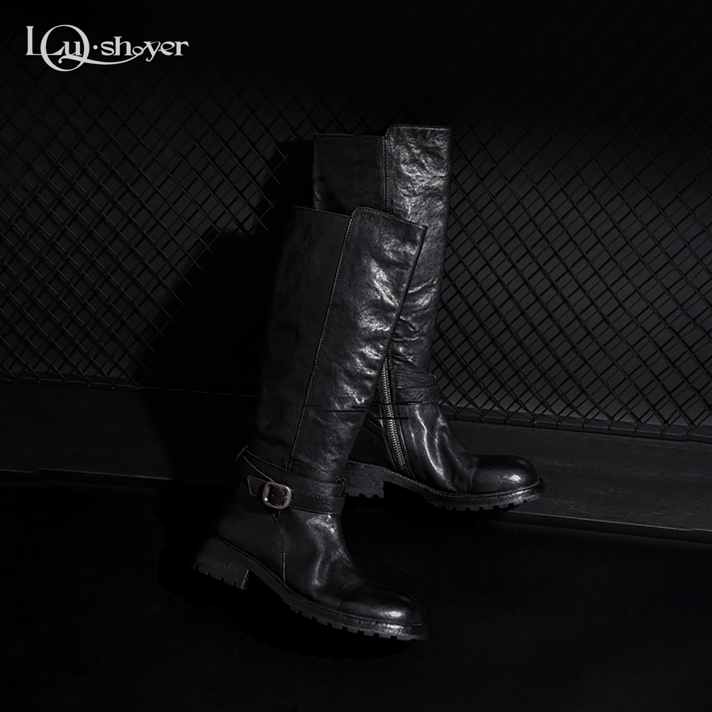 LOU SHOYER高筒长靴女水洗马皮复古做旧粗跟圆头侧拉链时装骑士靴