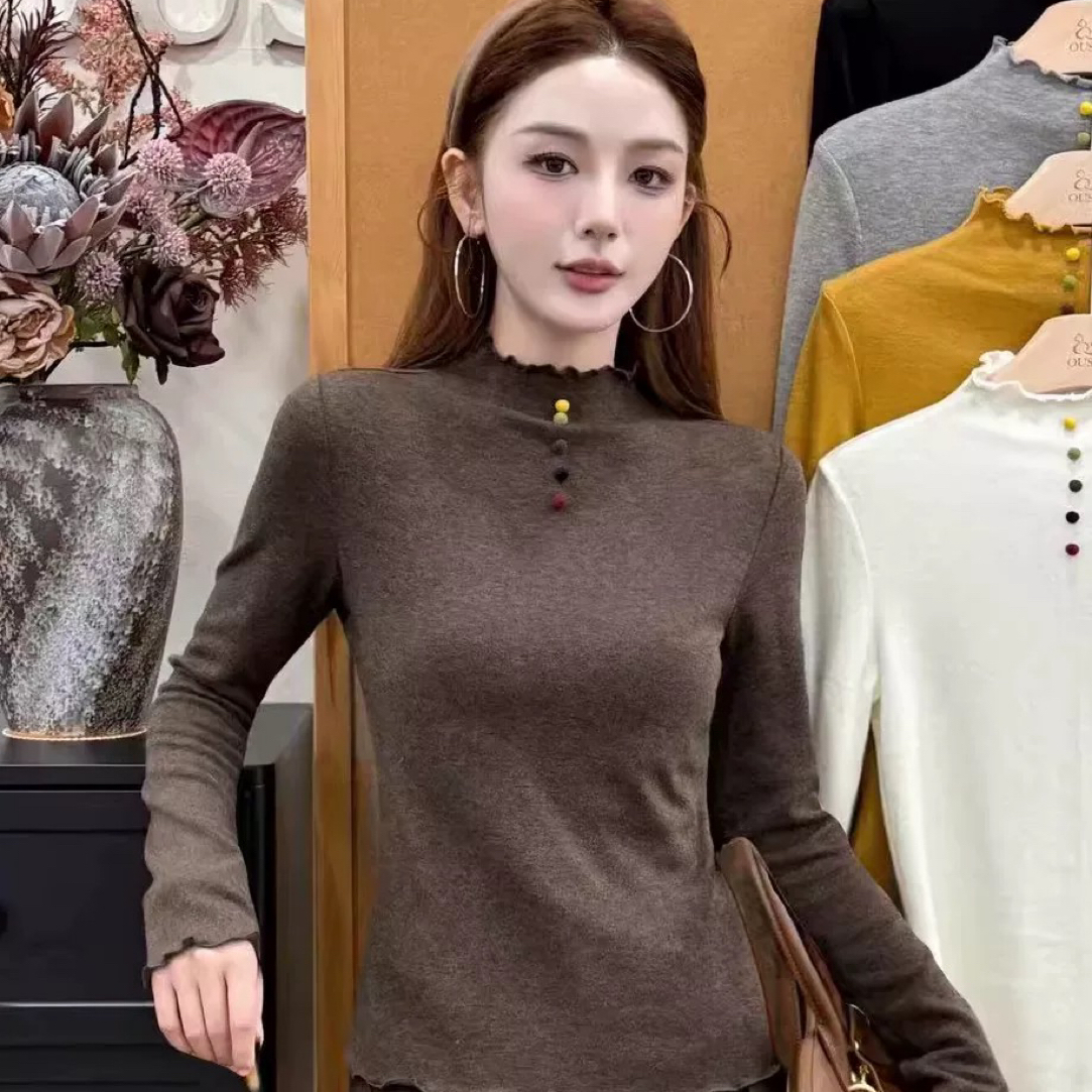 （衣长55）263韩系彩扣半高领加厚针织打底衫秋冬百搭修身套头上