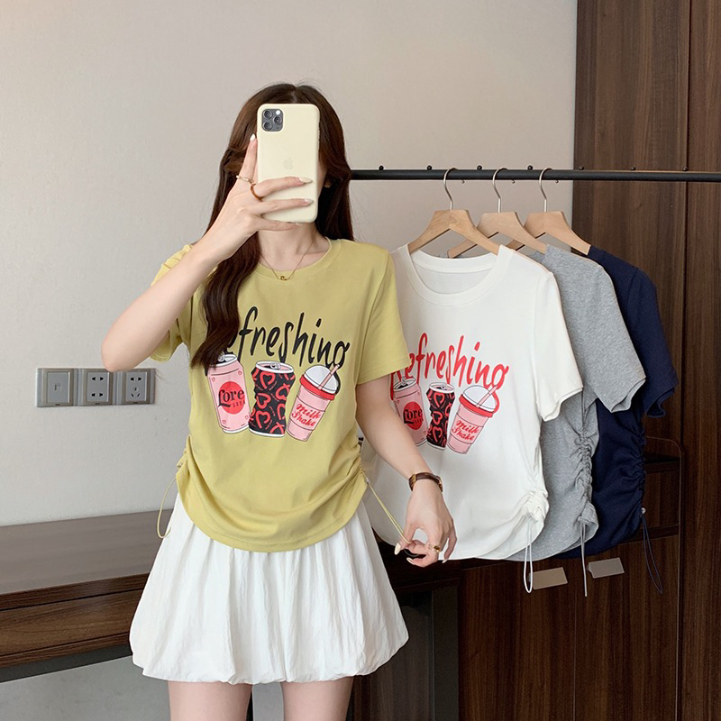 大码女装胖mm显瘦时尚设计感短袖T恤女夏季遮肚藏肉抽绳正肩上衣